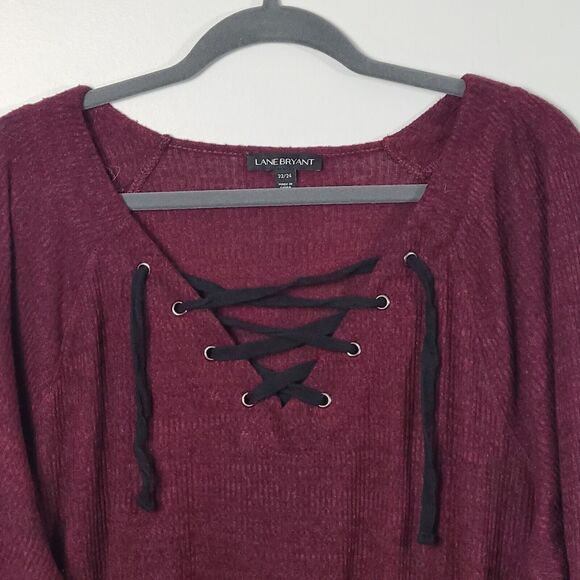Lane Bryant Burgundy Knit Long Sleeve Top Lace Up Size 22/24 - Picture 2 of 5